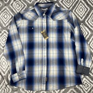 Wrangler Retro Shirt Mens 2XT Plaid Blue Premium Western Long Slv Pearl Snap NEW